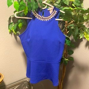 Royal blue halter top with jeweled neckline